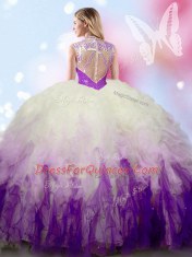 High-neck Sleeveless Tulle Quince Ball Gowns Beading and Ruffles Zipper