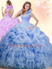 Blue Organza Backless Ball Gown Prom Dress Sleeveless Brush Train Beading and Ruffles and Pick Ups