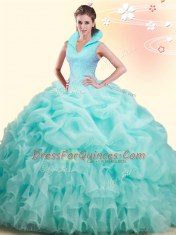 Custom Designed Backless High-neck Sleeveless 15th Birthday Dress Brush Train Beading and Ruffles and Pick Ups Apple Green Organza