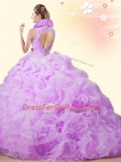 Custom Designed Backless High-neck Sleeveless 15th Birthday Dress Brush Train Beading and Ruffles and Pick Ups Apple Green Organza