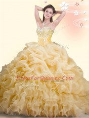 Sleeveless Brush Train Beading and Ruffles and Pick Ups Lace Up Quinceanera Dress