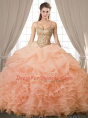 Sleeveless Floor Length Beading and Ruffles and Pick Ups Lace Up Vestidos de Quinceanera with Peach