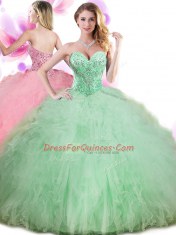 Apple Green Ball Gowns Beading and Ruffles and Pick Ups Quince Ball Gowns Lace Up Tulle Sleeveless Floor Length