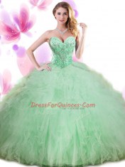 Apple Green Ball Gowns Beading and Ruffles and Pick Ups Quince Ball Gowns Lace Up Tulle Sleeveless Floor Length