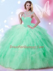 Flirting Apple Green Sleeveless Beading and Ruffles and Sequins Floor Length Vestidos de Quinceanera