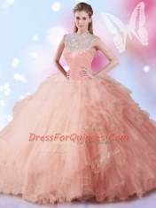Floor Length Zipper 15th Birthday Dress Peach for Military Ball and Sweet 16 and Quinceanera with Beading and Ruffles and Sequins