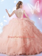 Floor Length Zipper 15th Birthday Dress Peach for Military Ball and Sweet 16 and Quinceanera with Beading and Ruffles and Sequins