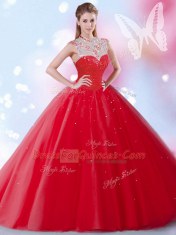 Stunning Red Sleeveless Floor Length Beading and Sequins Zipper Vestidos de Quinceanera