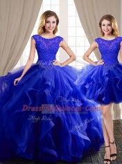 Glittering Three Piece Royal Blue Ball Gowns Scoop Cap Sleeves Tulle With Brush Train Lace Up Beading and Appliques and Ruffles Ball Gown Prom Dress