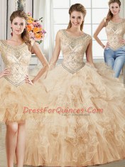 Nice Three Piece Floor Length Champagne Ball Gown Prom Dress Scoop Sleeveless Lace Up