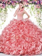 High Quality Coral Red Organza Backless Vestidos de Quinceanera Sleeveless Floor Length Beading and Ruffles
