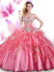 Coral Red Ball Gowns Sweetheart Sleeveless Organza Floor Length Lace Up Beading and Appliques Sweet 16 Dresses
