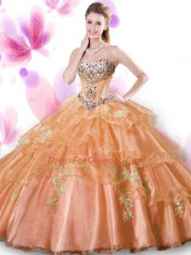 Coral Red Ball Gowns Sweetheart Sleeveless Organza Floor Length Lace Up Beading and Appliques Sweet 16 Dresses