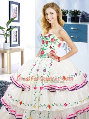 Artistic White Sleeveless Floor Length Embroidery and Ruffled Layers Lace Up Quinceanera Dress