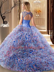 Low Price Scoop Sleeveless Quinceanera Dress Brush Train Beading Multi-color Fabric With Rolling Flowers
