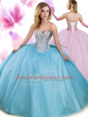 Modern Aqua Blue Ball Gowns Tulle Sweetheart Sleeveless Beading Floor Length Lace Up Quinceanera Dress