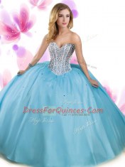 Modern Aqua Blue Ball Gowns Tulle Sweetheart Sleeveless Beading Floor Length Lace Up Quinceanera Dress
