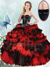 Vintage Ruffled Ball Gowns Quinceanera Gown Red And Black Sweetheart Organza Sleeveless Floor Length Lace Up