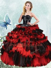Vintage Ruffled Ball Gowns Quinceanera Gown Red And Black Sweetheart Organza Sleeveless Floor Length Lace Up