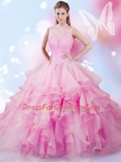 On Sale Rose Pink Ball Gowns Beading and Ruffles 15 Quinceanera Dress Lace Up Tulle Sleeveless Floor Length