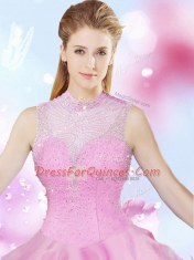 On Sale Rose Pink Ball Gowns Beading and Ruffles 15 Quinceanera Dress Lace Up Tulle Sleeveless Floor Length