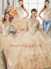 Four Piece Champagne 15 Quinceanera Dress Military Ball and Sweet 16 and Quinceanera and For with Beading and Ruffles Scoop Sleeveless Lace Up