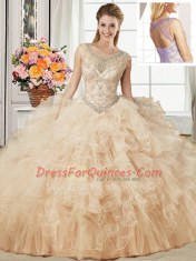 Four Piece Champagne 15 Quinceanera Dress Military Ball and Sweet 16 and Quinceanera and For with Beading and Ruffles Scoop Sleeveless Lace Up