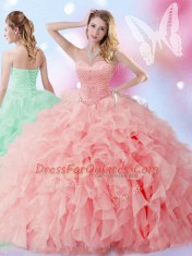 Modest Watermelon Red Organza Lace Up Sweetheart Sleeveless Floor Length Quince Ball Gowns Beading and Ruffles