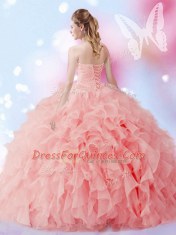 Modest Watermelon Red Organza Lace Up Sweetheart Sleeveless Floor Length Quince Ball Gowns Beading and Ruffles