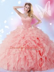Modest Watermelon Red Organza Lace Up Sweetheart Sleeveless Floor Length Quince Ball Gowns Beading and Ruffles