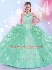Halter Top Sleeveless Organza Floor Length Lace Up Sweet 16 Dresses in Apple Green with Appliques and Ruffles