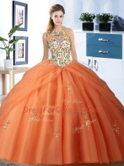 Halter Top Floor Length Lace Up Ball Gown Prom Dress Orange for Military Ball and Sweet 16 and Quinceanera with Embroidery and Pick Ups