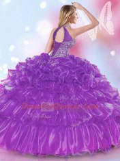 Deluxe Ruffled Floor Length Purple 15th Birthday Dress Halter Top Sleeveless Lace Up