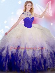 Glamorous White And Purple Ball Gowns Beading and Ruffles Quinceanera Gowns Zipper Tulle Sleeveless Floor Length
