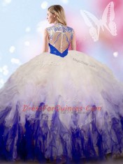 Glamorous White And Purple Ball Gowns Beading and Ruffles Quinceanera Gowns Zipper Tulle Sleeveless Floor Length