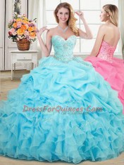 Floor Length Aqua Blue Quinceanera Dresses Organza Sleeveless Beading and Ruffles and Pick Ups