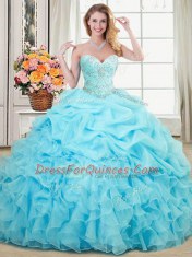 Floor Length Aqua Blue Quinceanera Dresses Organza Sleeveless Beading and Ruffles and Pick Ups