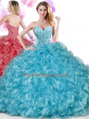 Most Popular Blue Ball Gowns Beading and Ruffles Quinceanera Dresses Lace Up Organza Sleeveless Floor Length