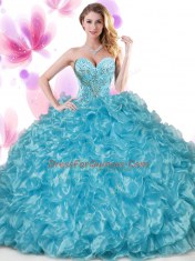 Most Popular Blue Ball Gowns Beading and Ruffles Quinceanera Dresses Lace Up Organza Sleeveless Floor Length