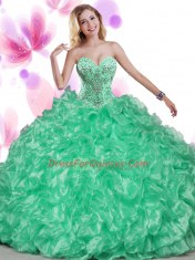 Most Popular Blue Ball Gowns Beading and Ruffles Quinceanera Dresses Lace Up Organza Sleeveless Floor Length