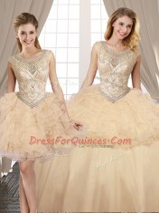 Fabulous Three Piece Champagne Lace Up Scoop Beading and Ruffles Quinceanera Dresses Organza and Tulle Sleeveless