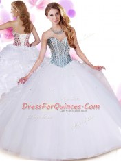 Glittering Sleeveless Floor Length Beading and Ruffles Lace Up Quinceanera Gowns with White