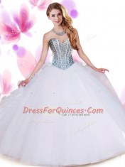 Glittering Sleeveless Floor Length Beading and Ruffles Lace Up Quinceanera Gowns with White