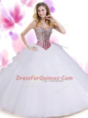 Glittering Sleeveless Floor Length Beading and Ruffles Lace Up Quinceanera Gowns with White