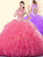 Coral Red Sleeveless Tulle Backless 15 Quinceanera Dress for Military Ball and Sweet 16 and Quinceanera