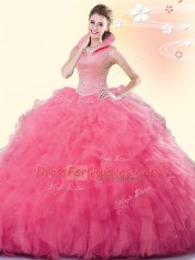 Coral Red Sleeveless Tulle Backless 15 Quinceanera Dress for Military Ball and Sweet 16 and Quinceanera