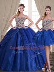Three Piece Royal Blue Lace Up 15 Quinceanera Dress Beading Sleeveless Floor Length