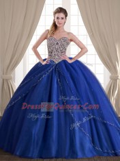 Three Piece Royal Blue Lace Up 15 Quinceanera Dress Beading Sleeveless Floor Length