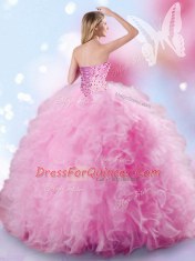 Admirable Sleeveless Floor Length Beading and Ruffles Lace Up Quinceanera Gowns with Rose Pink