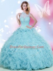 Floor Length Ball Gowns Sleeveless Baby Blue Quinceanera Gowns Lace Up